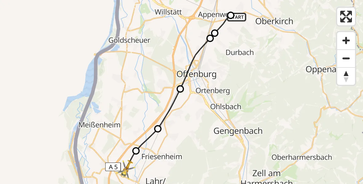 Flugroute Rettungshubschrauber Oberkirch - Lahr Flughafen, 01 Juli 2026, 14:01