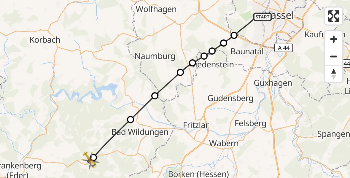 Flugroute Rettungshubschrauber Kassel - Haina (Kloster), 01 Juli 2026, 14:04