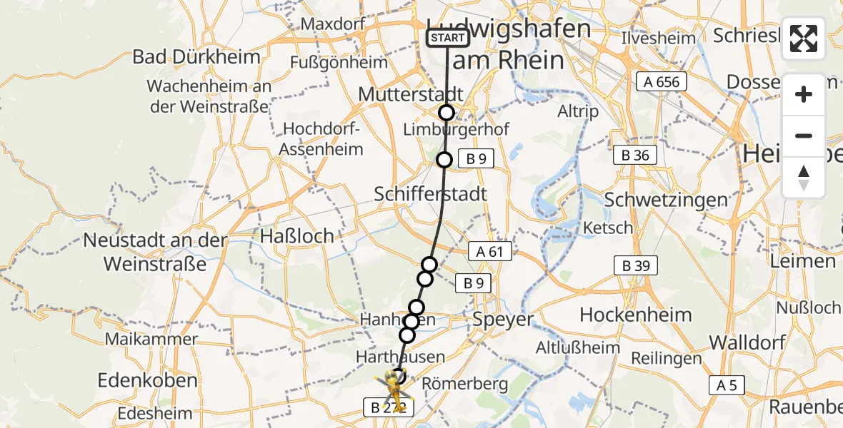 Flugroute Rettungshubschrauber Ludwigshafen am Rhein - Schwegenheim, 01 Juli 2026, 14:12