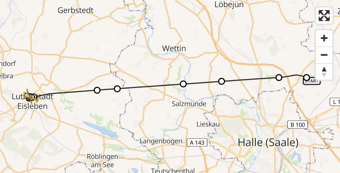 Flugroute Rettungshubschrauber Halle-Oppin Flugplatz - Helios Hospital Lutherstadt Eisleben, 01 Juli 2026, 14:11
