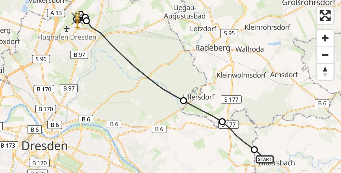 Flugroute Rettungshubschrauber Dürrröhrsdorf-Dittersbach - Dresden Bundespolizei Hubschrauberlandeplatz, 01 Juli 2026, 14:12