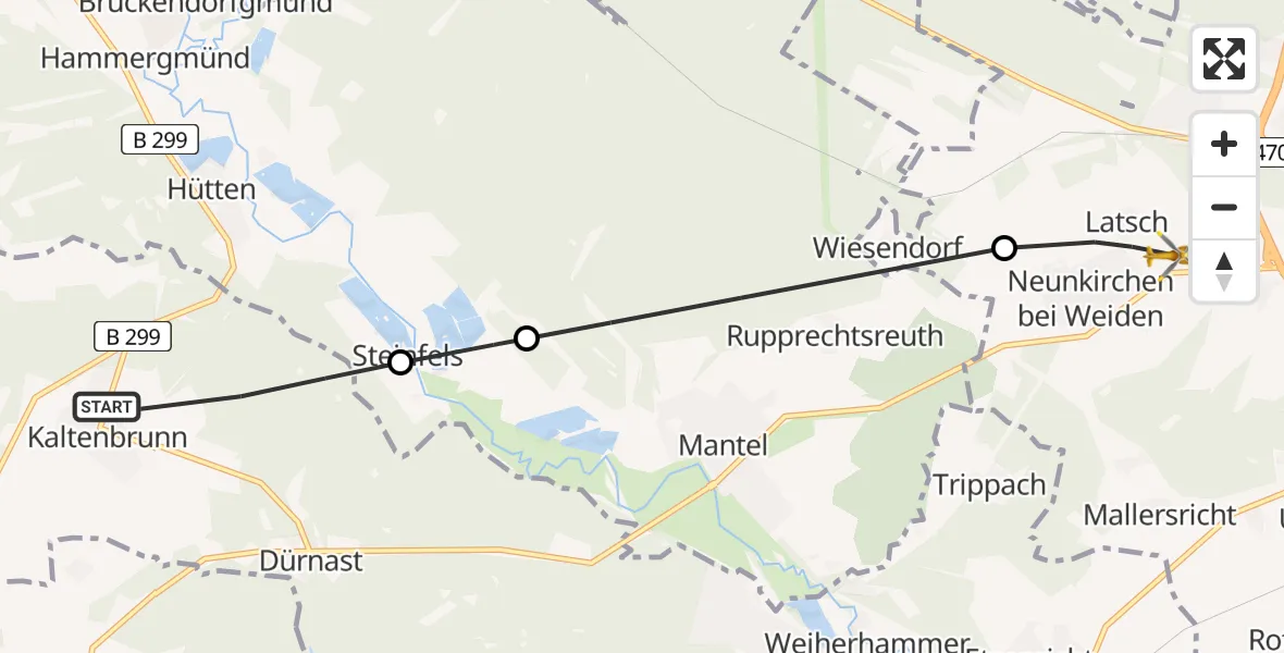Flugroute Rettungshubschrauber Weiherhammer - Weiden i.d.OPf., 01 Juli 2026, 14:16