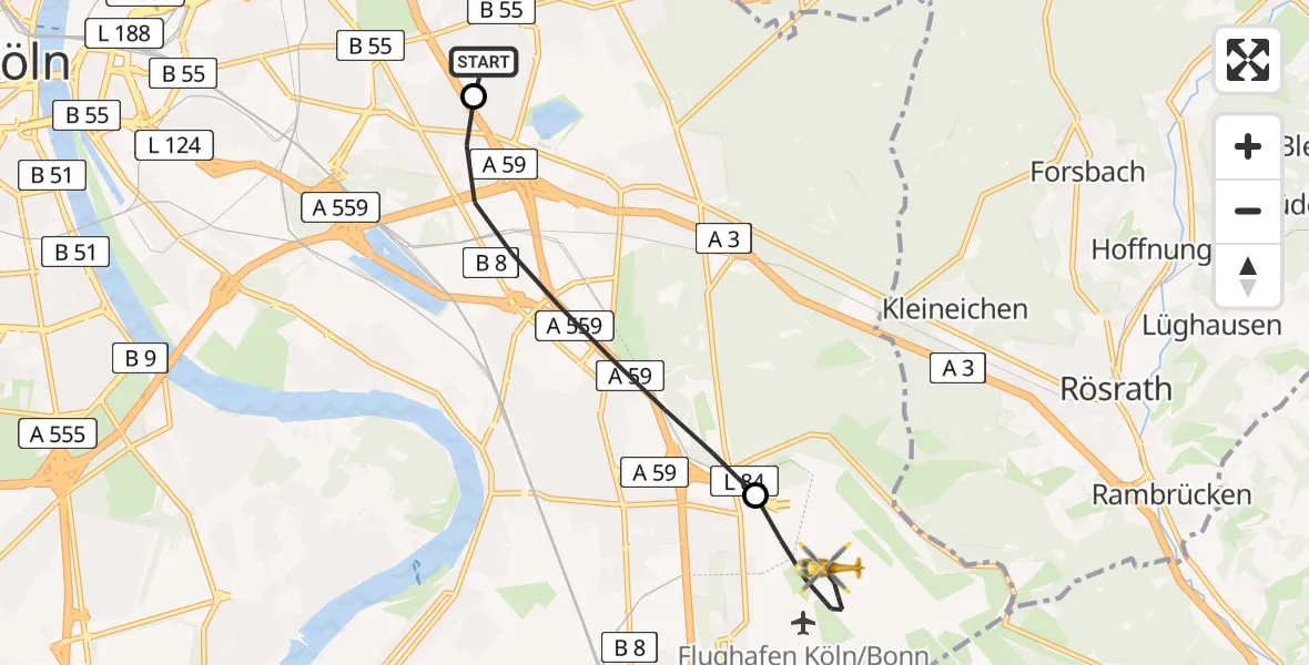 Flugroute Ambulanzhubschrauber Merheim Hospital - Köln Bonn Flughafen, 01 Juli 2026, 14:16