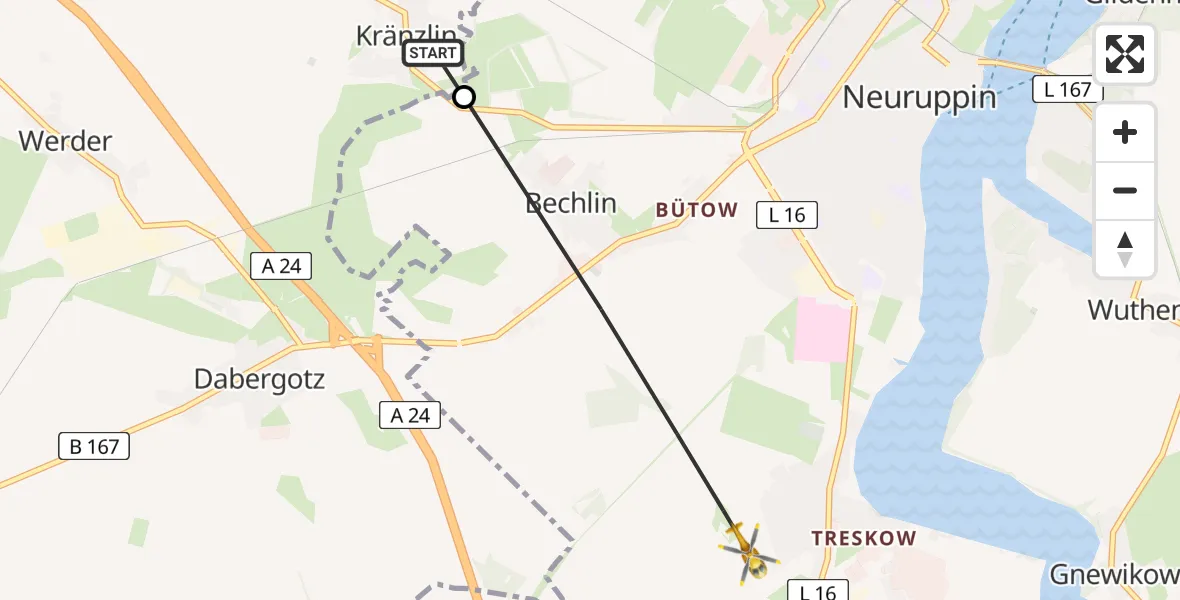 Flugroute Rettungshubschrauber Märkisch Linden - Neuruppin, 01 Juli 2026, 14:16