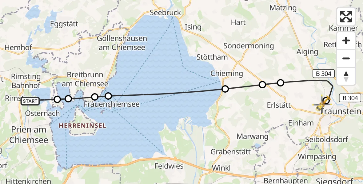 Flugroute Rettungshubschrauber Rimsting - Traunstein Hospital, 01 Juli 2026, 14:19