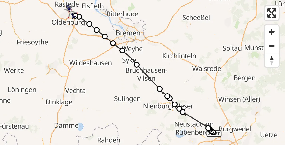 Flugroute Polizeihubschrauber Flughafen Hannover - Oldenburg (Oldb), 01 Juli 2026, 14:24