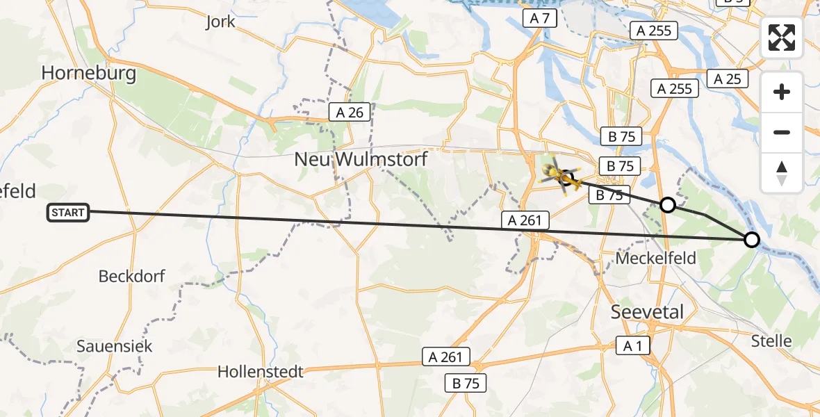 Flugroute Rettungshubschrauber Harsefeld - Asklepios Hospital Harburg, 01 Juli 2026, 14:27