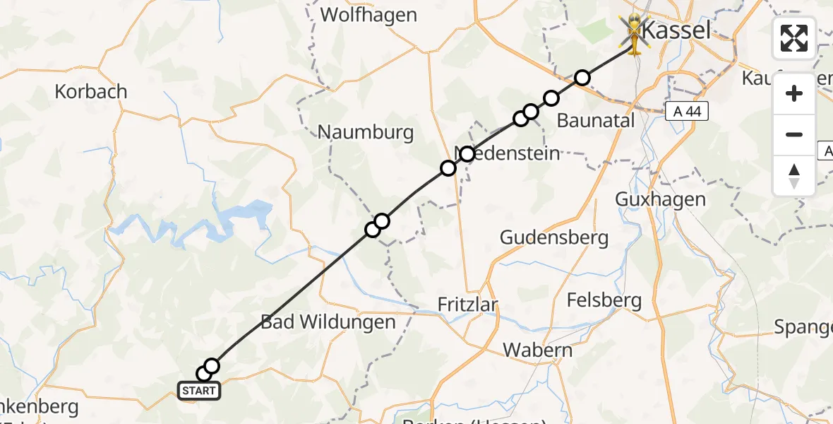 Flugroute Rettungshubschrauber Haina (Kloster) - Kassel, 01 Juli 2026, 14:36