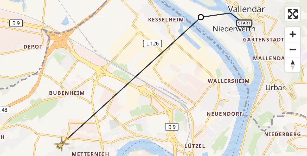 Flugroute Rettungshubschrauber Vallendar - Koblenz, 01 Juli 2026, 14:37