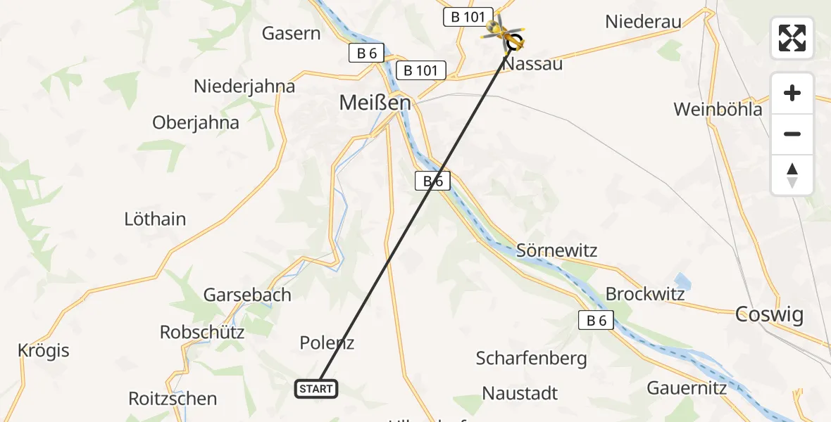 Flugroute Rettungshubschrauber Klipphausen - Meißen, 01 Juli 2026, 14:38
