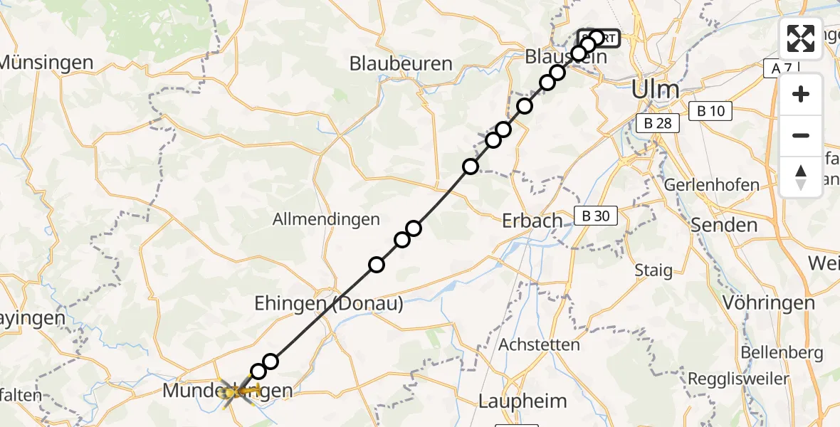 Flugroute Rettungshubschrauber Ulm Military Hospital Emergency - Munderkingen, 01 Juli 2026, 14:44