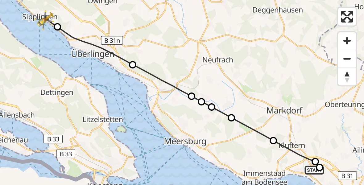 Flugroute Rettungshubschrauber Friedrichshafen Hospital - Sipplingen, 01 Juli 2026, 14:46