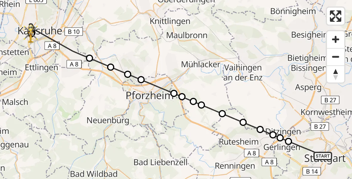 Flugroute Ambulanzhubschrauber Stuttgart - Sankt Vincentius Hospital, 01 Juli 2026, 14:52