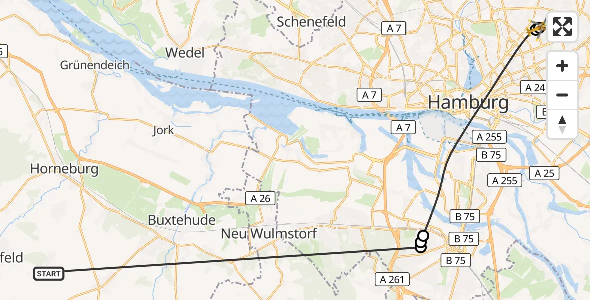 Flugroute Rettungshubschrauber Harsefeld - Hamburg Military Hospital, 01 Juli 2026, 14:53