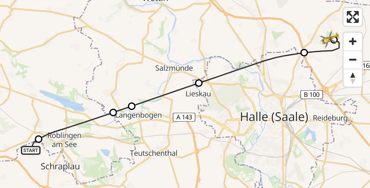 Flugroute Rettungshubschrauber Farnstädt - Halle-Oppin Flugplatz, 01 Juli 2026, 14:54