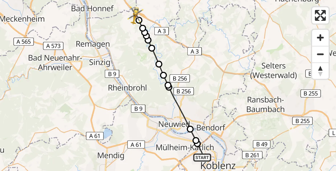 Flugroute Rettungshubschrauber Koblenz - Windhagen, 01 Juli 2026, 14:55