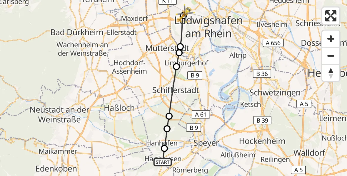 Flugroute Rettungshubschrauber Harthausen - Ludwigshafen Accident Hospital, 01 Juli 2026, 14:55