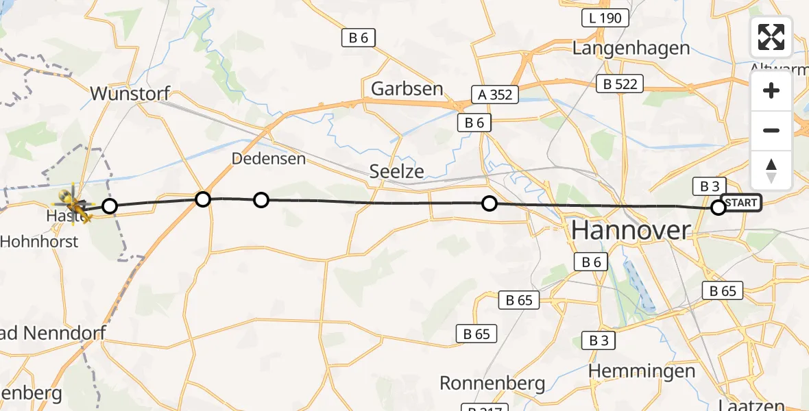 Flugroute Rettungshubschrauber Hannover Luftrettung Hubschrauberlandeplatz (Christoph 4) - Haste, 01 Juli 2026, 14:55