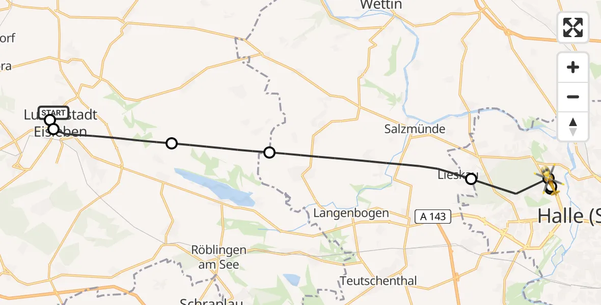 Flugroute Rettungshubschrauber Helios Hospital Lutherstadt Eisleben - Halle (Saale) University Hospital, 01 Juli 2026, 15:00