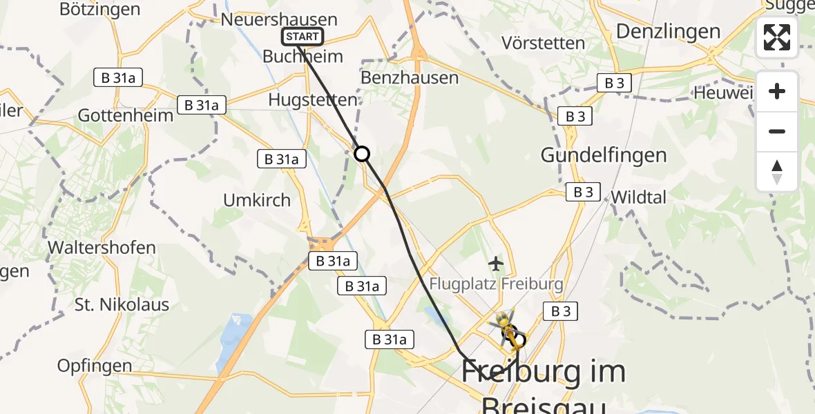 Flugroute Ambulanzhubschrauber March - Freiburg University Hospital Heliport 1, 01 Juli 2026, 15:00