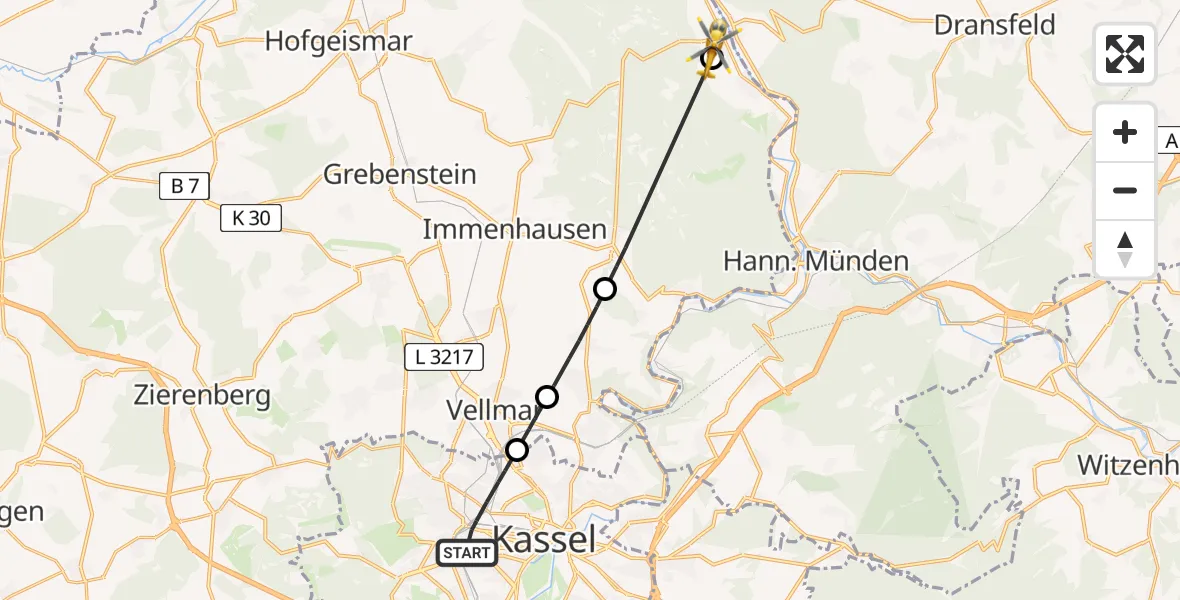 Flugroute Rettungshubschrauber Kassel - Reinhardshagen, 01 Juli 2026, 15:03