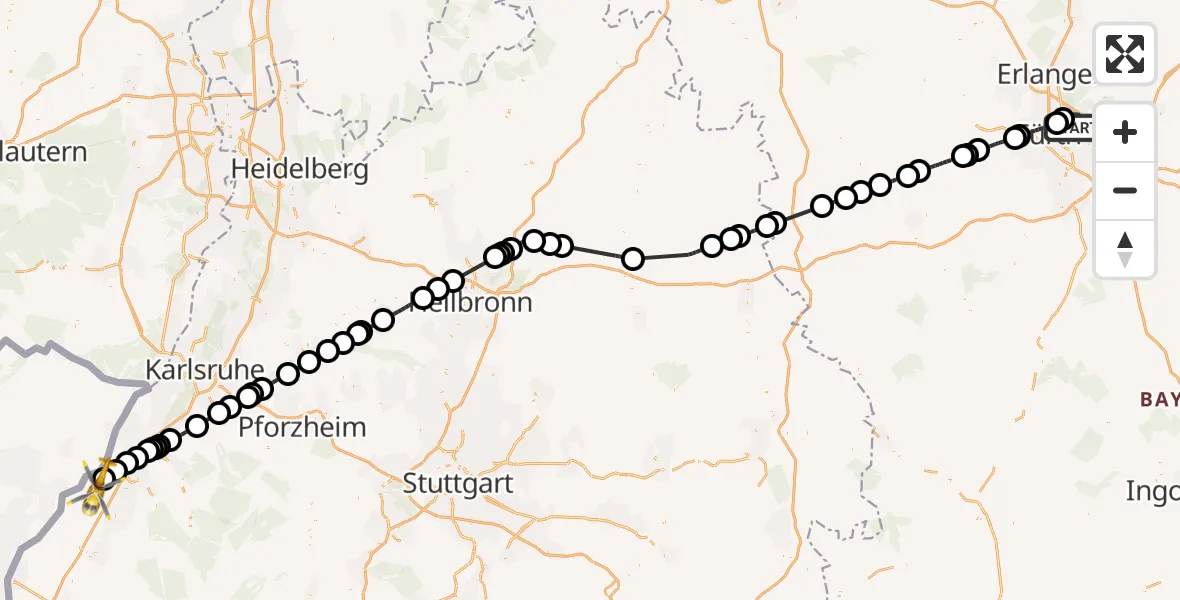 Flugroute Rettungshubschrauber Flughafen Nuremberg - Karlsruhe Baden-Baden Flughafen, 01 Juli 2026, 15:03