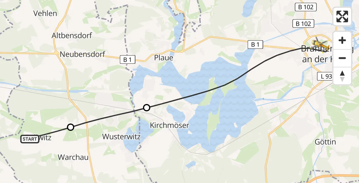 Flugroute Rettungshubschrauber Rosenau - Brandenburg an der Havel, 01 Juli 2026, 15:11
