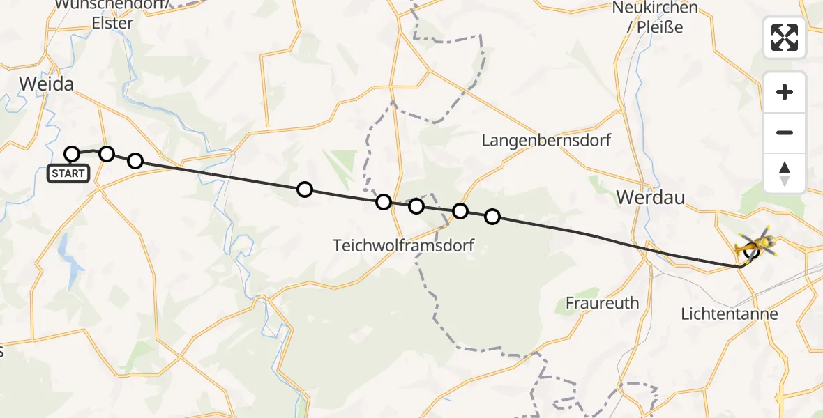 Flugroute Rettungshubschrauber Weida - ADAC Air Rescue Station Zwickau Hubschrauberlandeplatz, 01 Juli 2026, 15:16