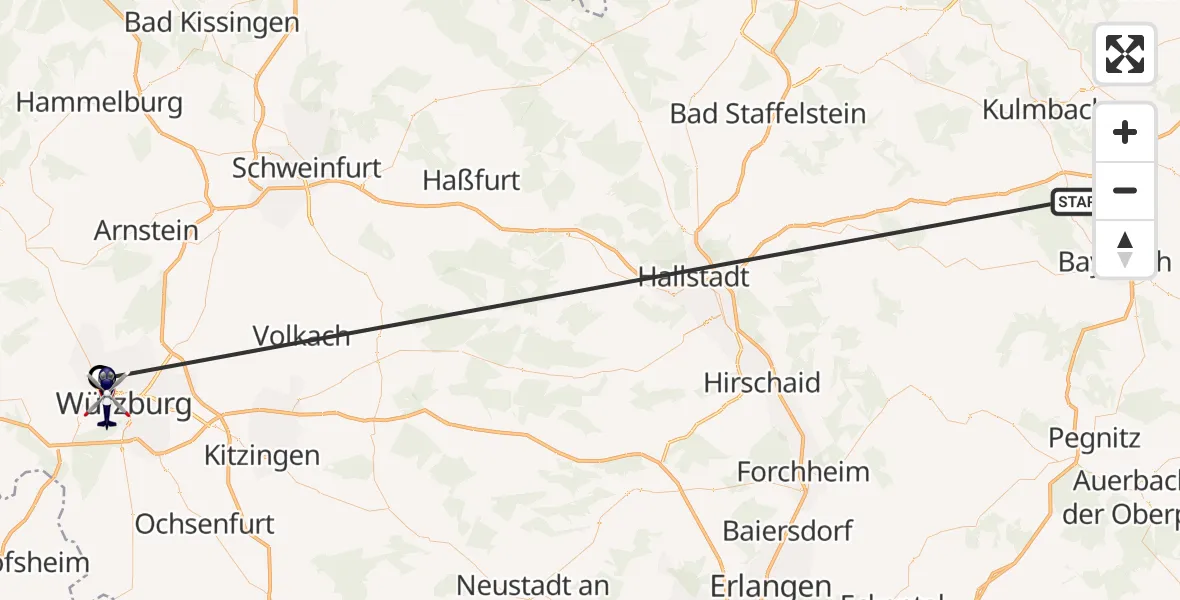 Flugroute Polizeihubschrauber Neudrossenfeld - Würzburg, 01 Juli 2026, 15:19