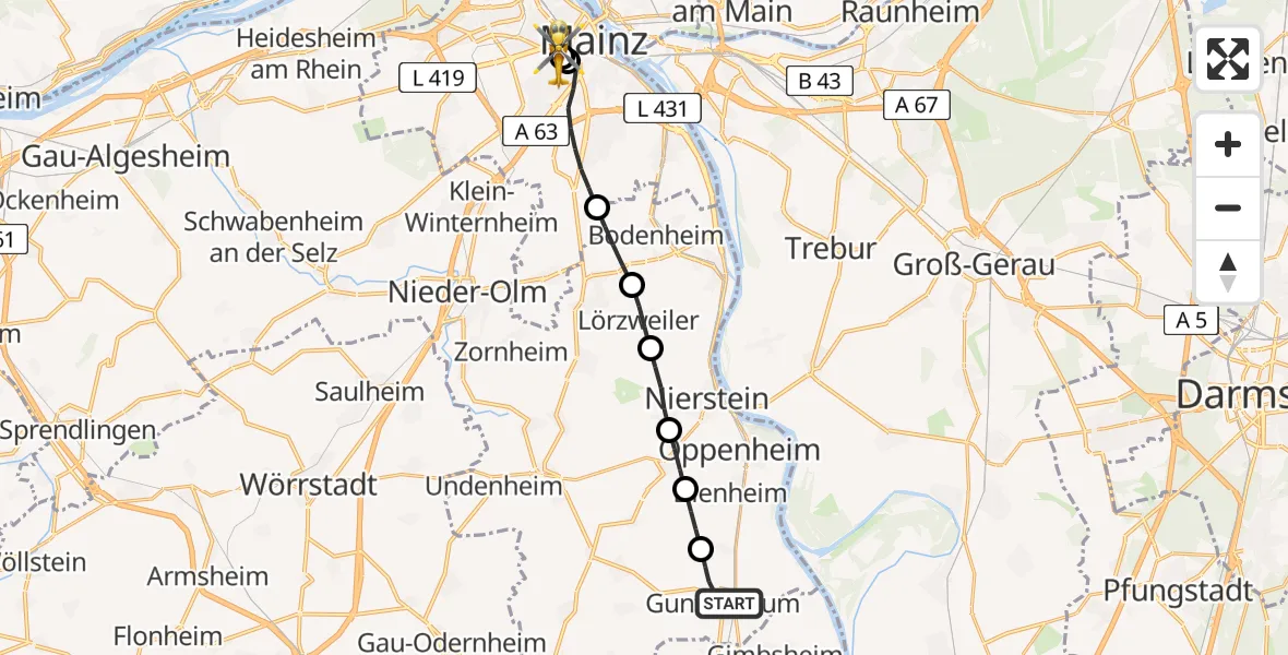 Flugroute Rettungshubschrauber Guntersblum - Mainz University Hospital, 01 Juli 2026, 15:19