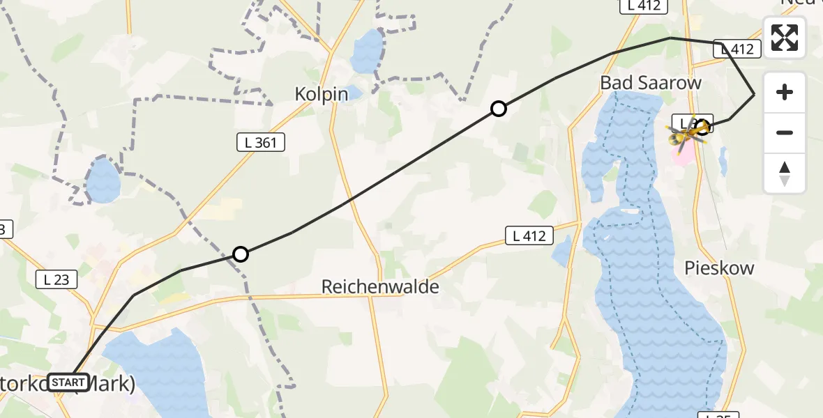 Flugroute Rettungshubschrauber Storkow (Mark) - Bad Saarow Hospital Hubschrauberlandeplatz, 01 Juli 2026, 15:23