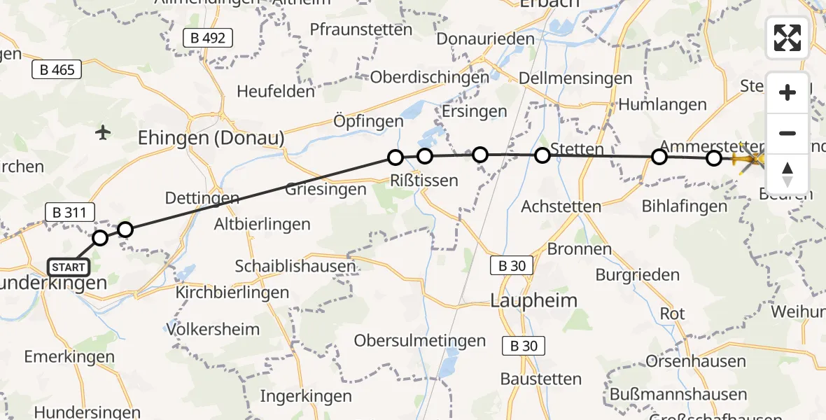 Flugroute Rettungshubschrauber Munderkingen - Schnürpflingen, 01 Juli 2026, 15:27