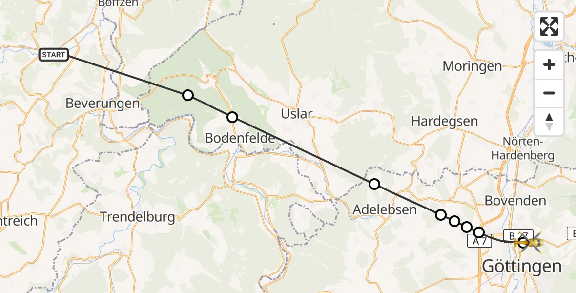 Flugroute Rettungshubschrauber Höxter - Göttingen University Clinic Hubschrauberlandeplatz, 01 Juli 2026, 15:33