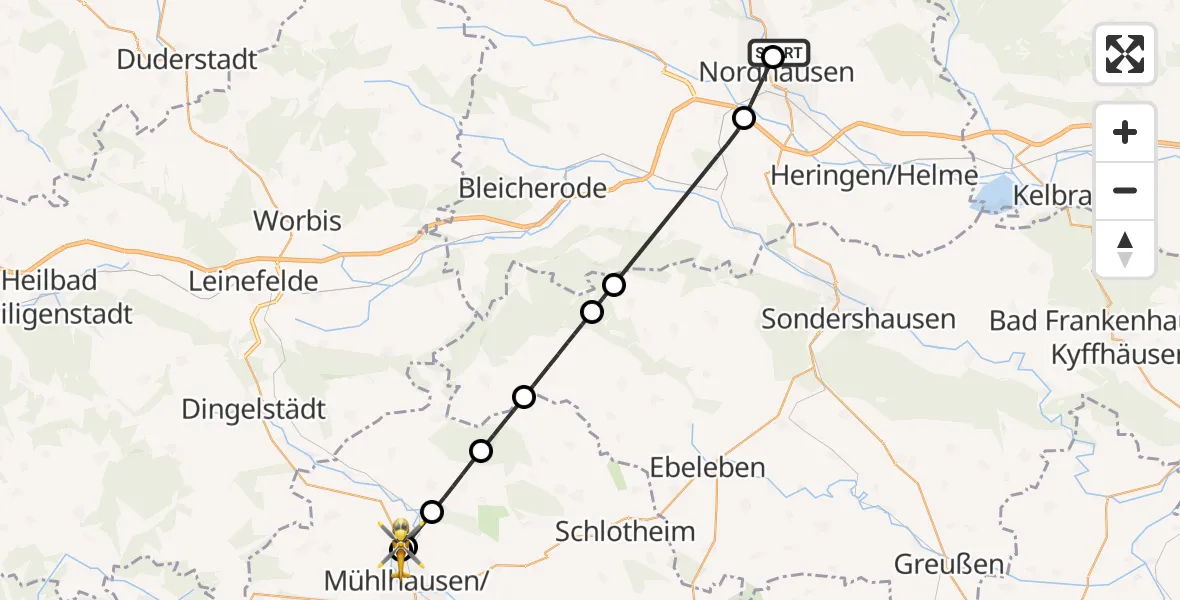 Flugroute Rettungshubschrauber Südharz Hospital Nordhausen - Unstruttal, 01 Juli 2026, 15:44