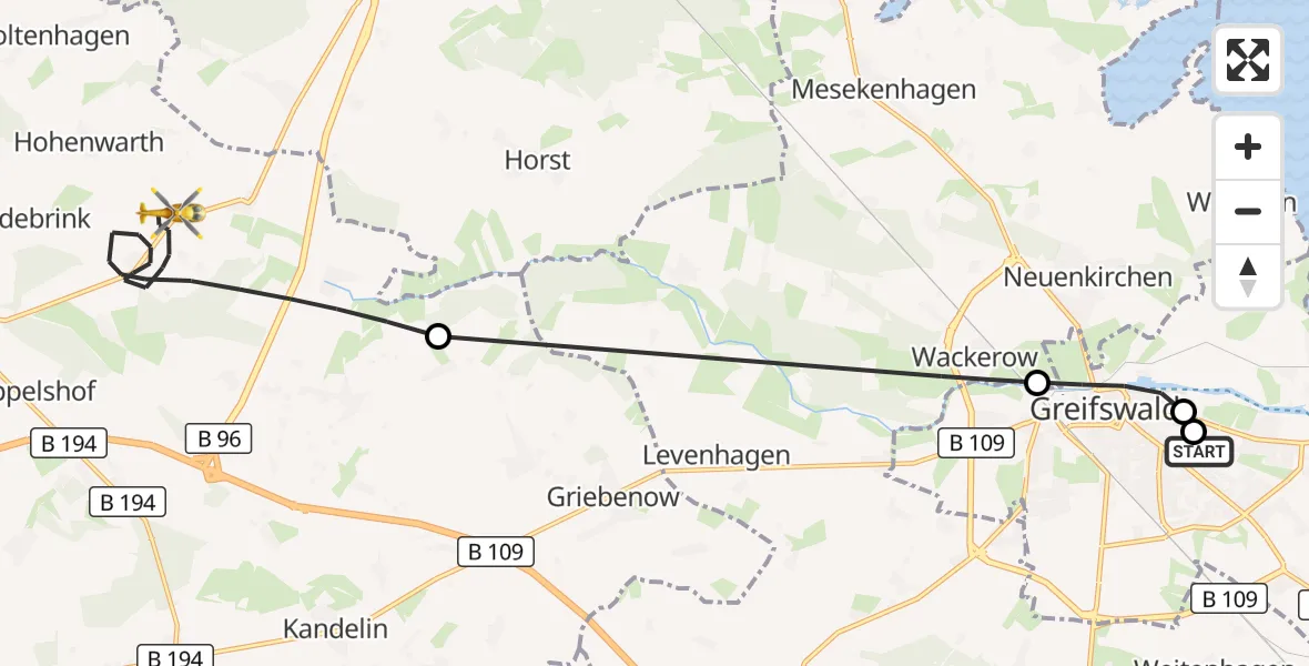 Flugroute Rettungshubschrauber Greifswald Hospital - Süderholz, 01 Juli 2026, 15:46