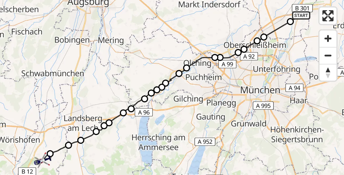 Flugroute Polizeihubschrauber Hallbergmoos - Oberostendorf, 01 Juli 2026, 15:47
