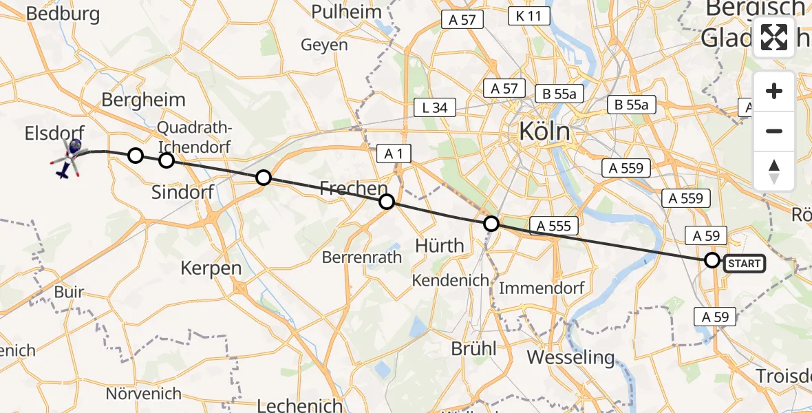 Flugroute Polizeihubschrauber Köln Bonn Flughafen - Elsdorf, 01 Juli 2026, 15:48
