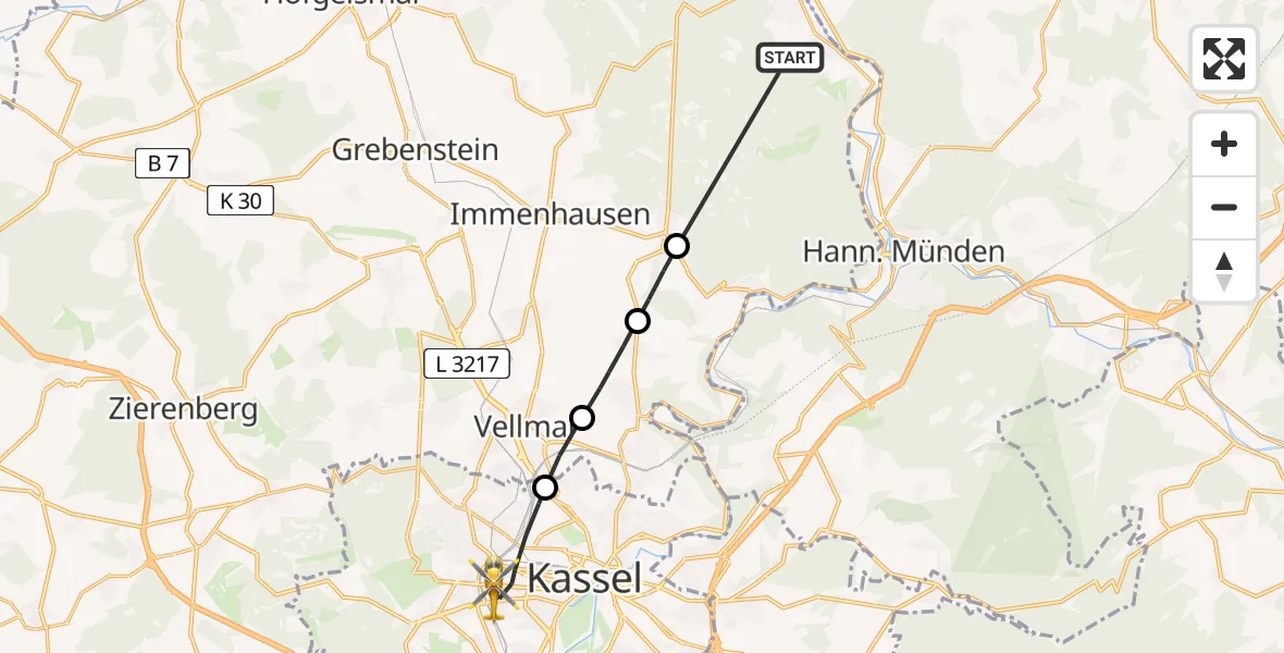 Flugroute Rettungshubschrauber Reinhardshagen - Kassel, 01 Juli 2026, 15:49