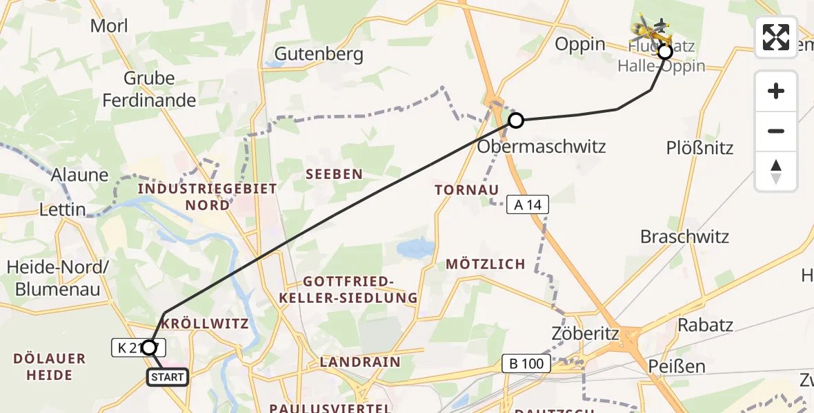 Flugroute Rettungshubschrauber Halle (Saale) University Hospital - Halle-Oppin Flugplatz, 01 Juli 2026, 15:55