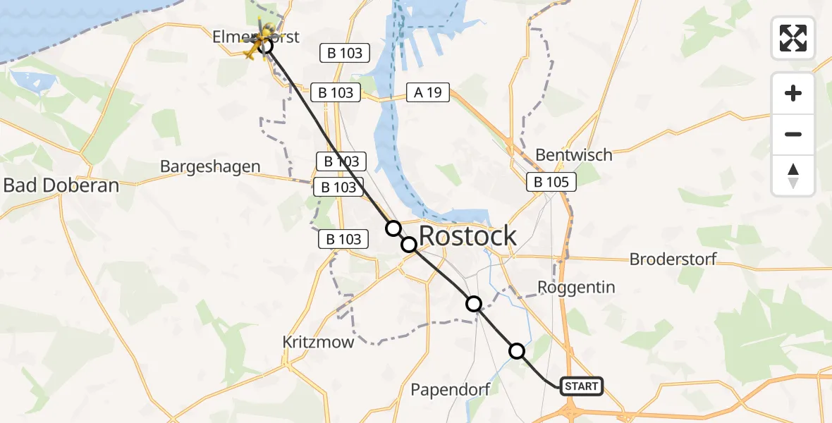 Flugroute Ambulanzhubschrauber Dummerstorf - Elmenhorst/Lichtenhagen, 01 Juli 2026, 15:57