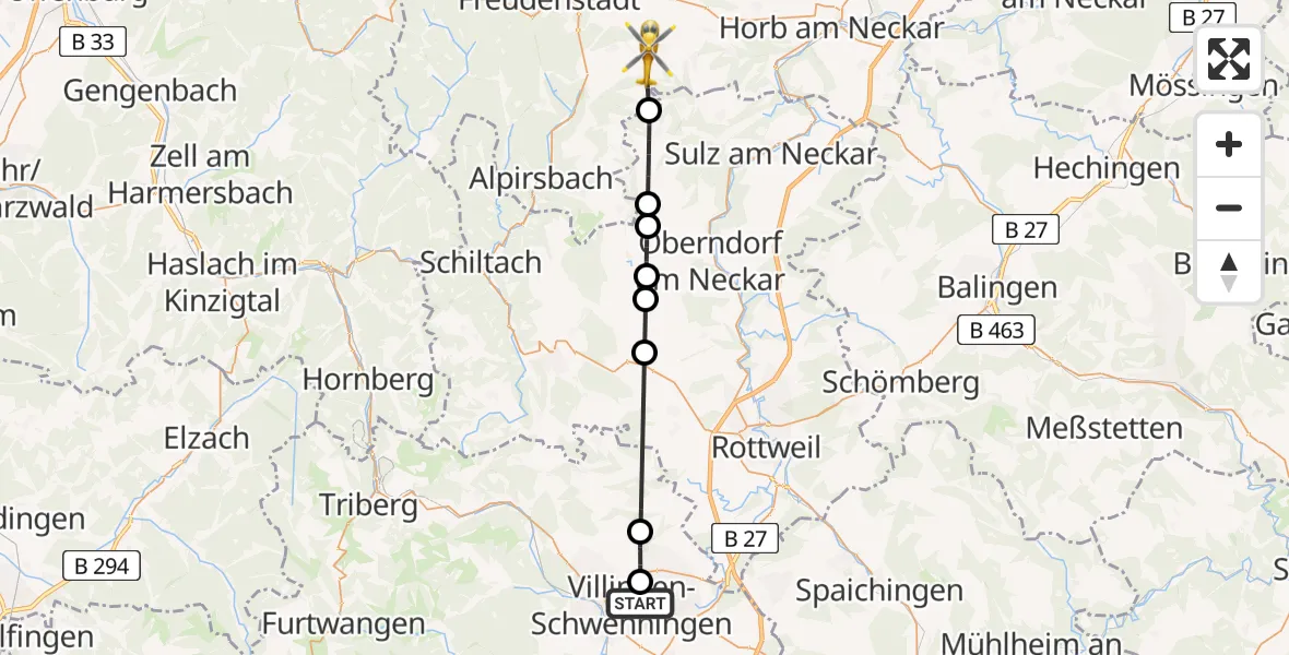 Flugroute Ambulanzhubschrauber DRF Air Rescue Station Villingen-Schwenningen Hubschrauberlandeplatz (Christoph 11) - Loßburg, 01 Juli 2026, 15:59