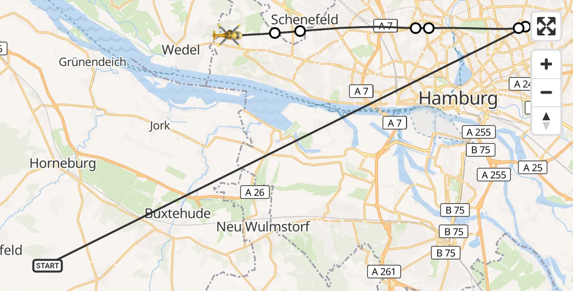 Flugroute Rettungshubschrauber Harsefeld - Hamburg, 01 Juli 2026, 16:01
