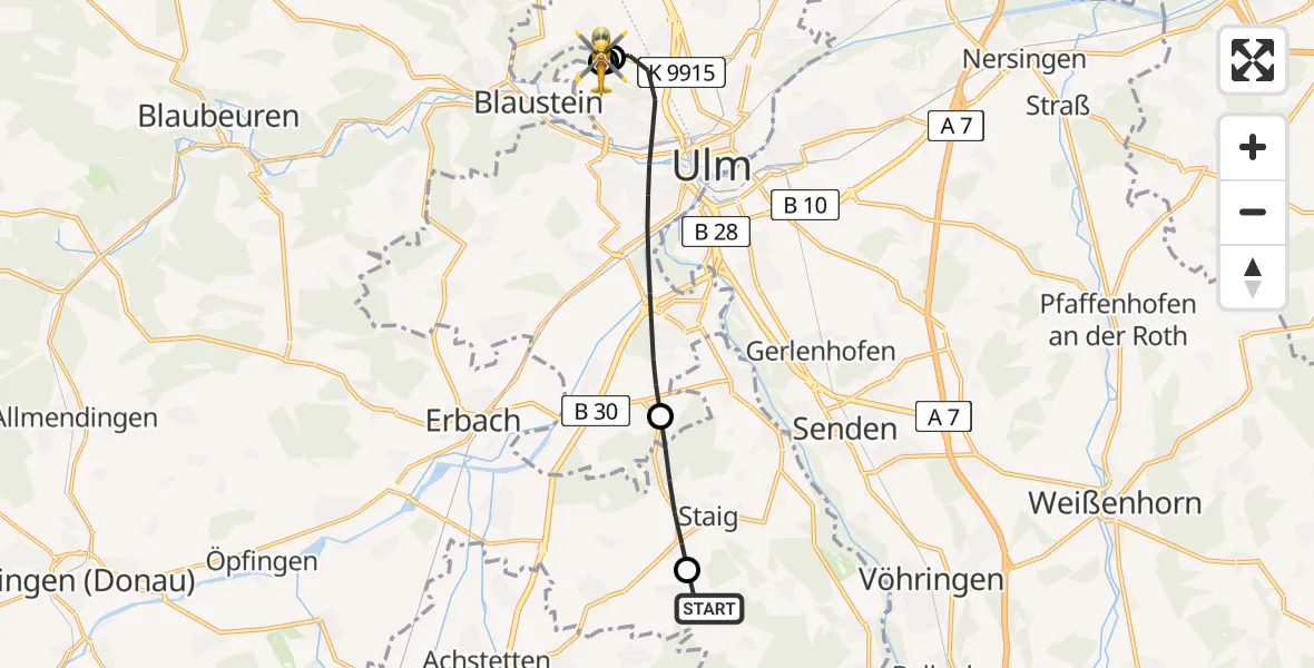 Flugroute Rettungshubschrauber Schnürpflingen - ADAC Air Rescue Station Ulm (Christoph 22), 01 Juli 2026, 16:06