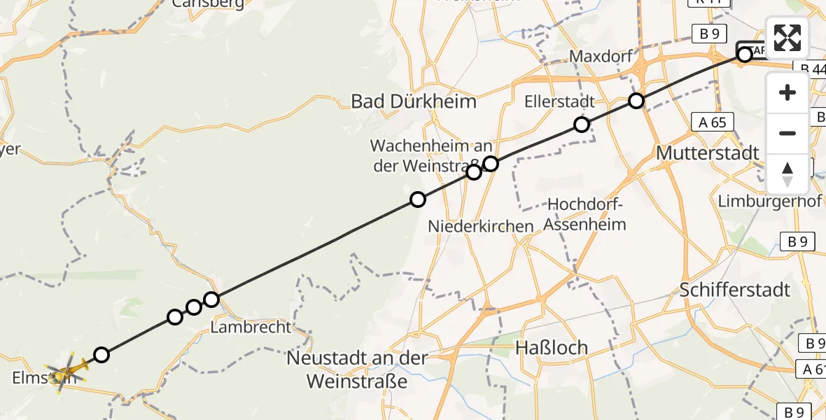 Flugroute Rettungshubschrauber Ludwigshafen Accident Hospital - Elmstein, 01 Juli 2026, 16:11