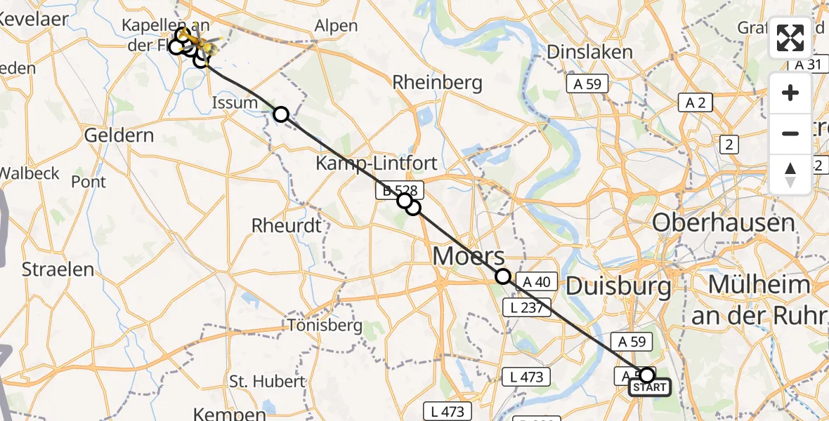 Flugroute Rettungshubschrauber Duisburg Air Rescue Hubschrauberlandeplatz (Christoph 9) - Sonsbeck, 01 Juli 2026, 16:13