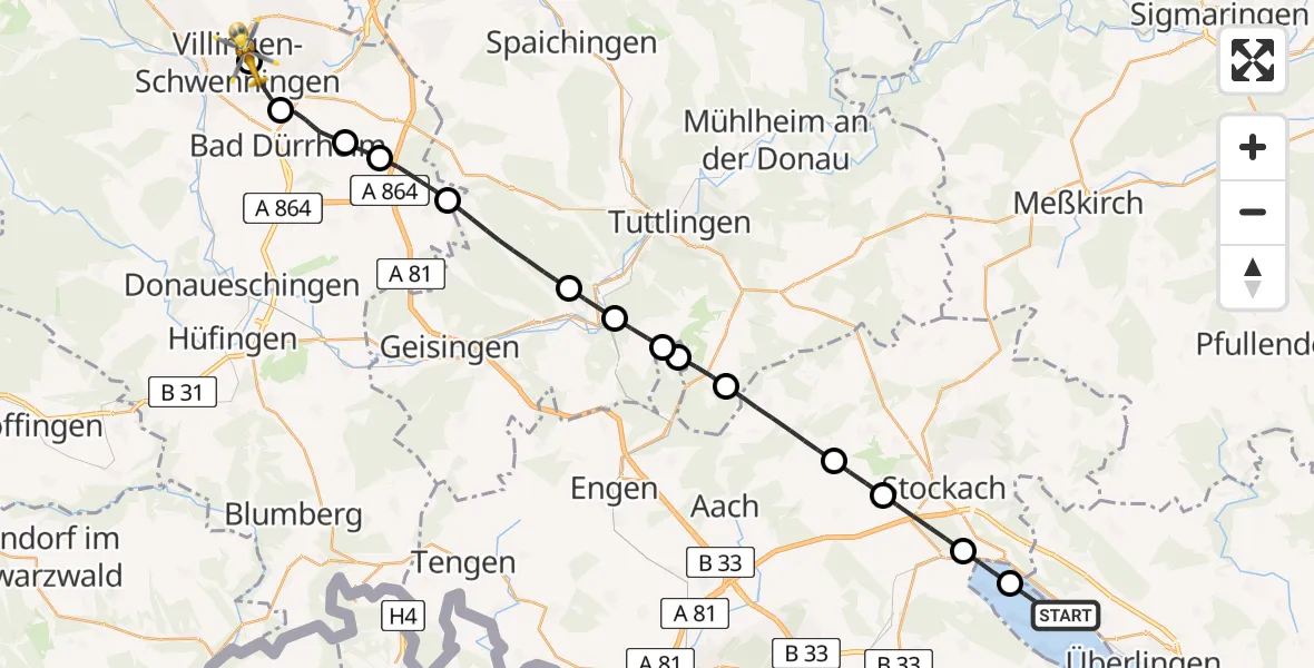 Flugroute Rettungshubschrauber Sipplingen - DRF Air Rescue Station Villingen-Schwenningen Hubschrauberlandeplatz (Christoph 11), 01 Juli 2026, 16:13