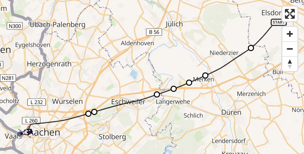Flugroute Polizeihubschrauber Elsdorf - Aachen Hospital, 01 Juli 2026, 16:15
