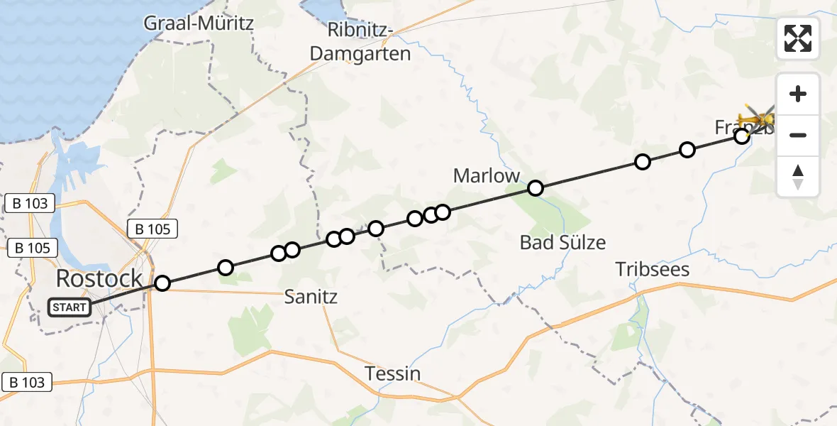Flugroute Rettungshubschrauber Rostock - Franzburg, 01 Juli 2026, 16:21