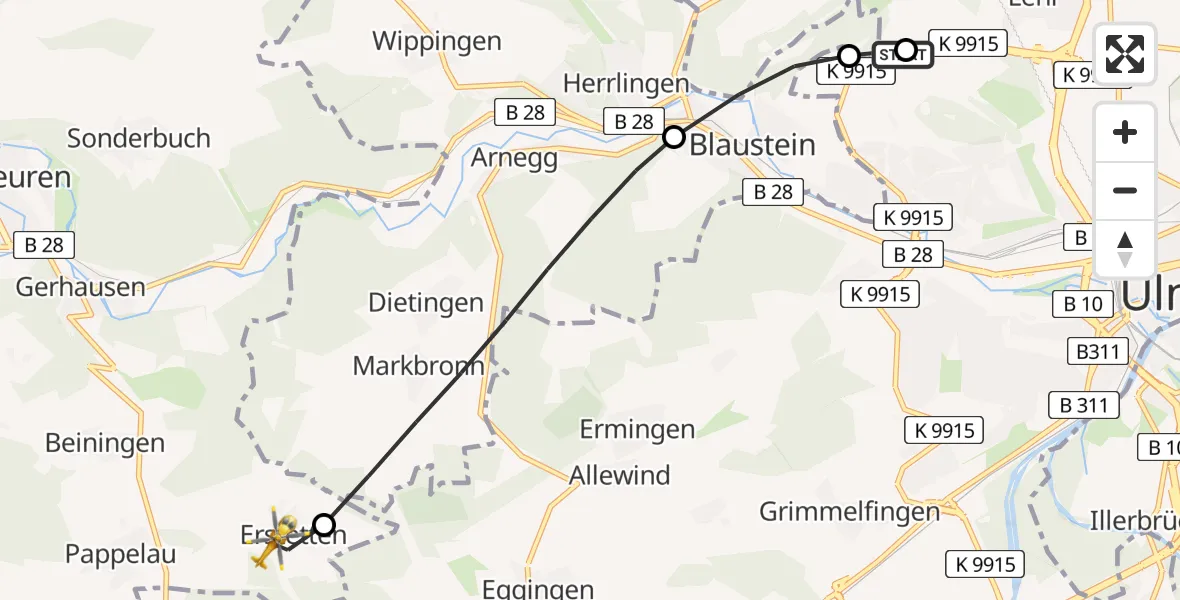 Flugroute Rettungshubschrauber Ulm Military Hospital Emergency - Blaubeuren, 01 Juli 2026, 16:23