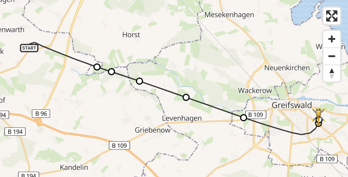 Flugroute Rettungshubschrauber Süderholz - Greifswald Hospital, 01 Juli 2026, 16:24